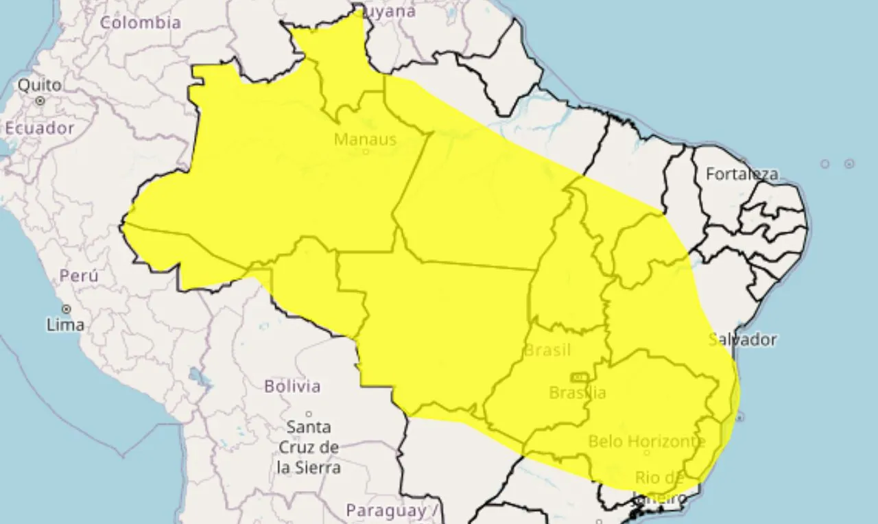 o mapa mostra as áreas em alerta para chuva intensa e ventos
